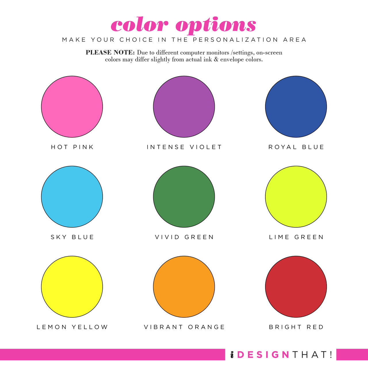 Swatch chart showcasing personalized stationery options